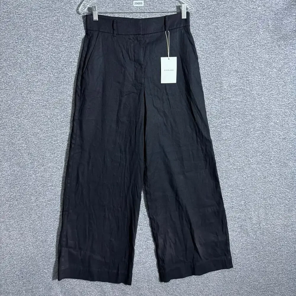 NWT Everlane Women's Size 6 Black Stretch Flax Linen Wide Leg High Rise Trouser